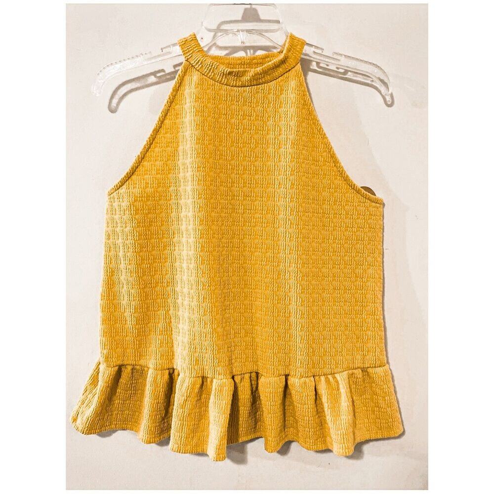 W5 Women's Sleeveless High Neck Ruffled Stretchy Blouse Mustard Yellow Size Larg